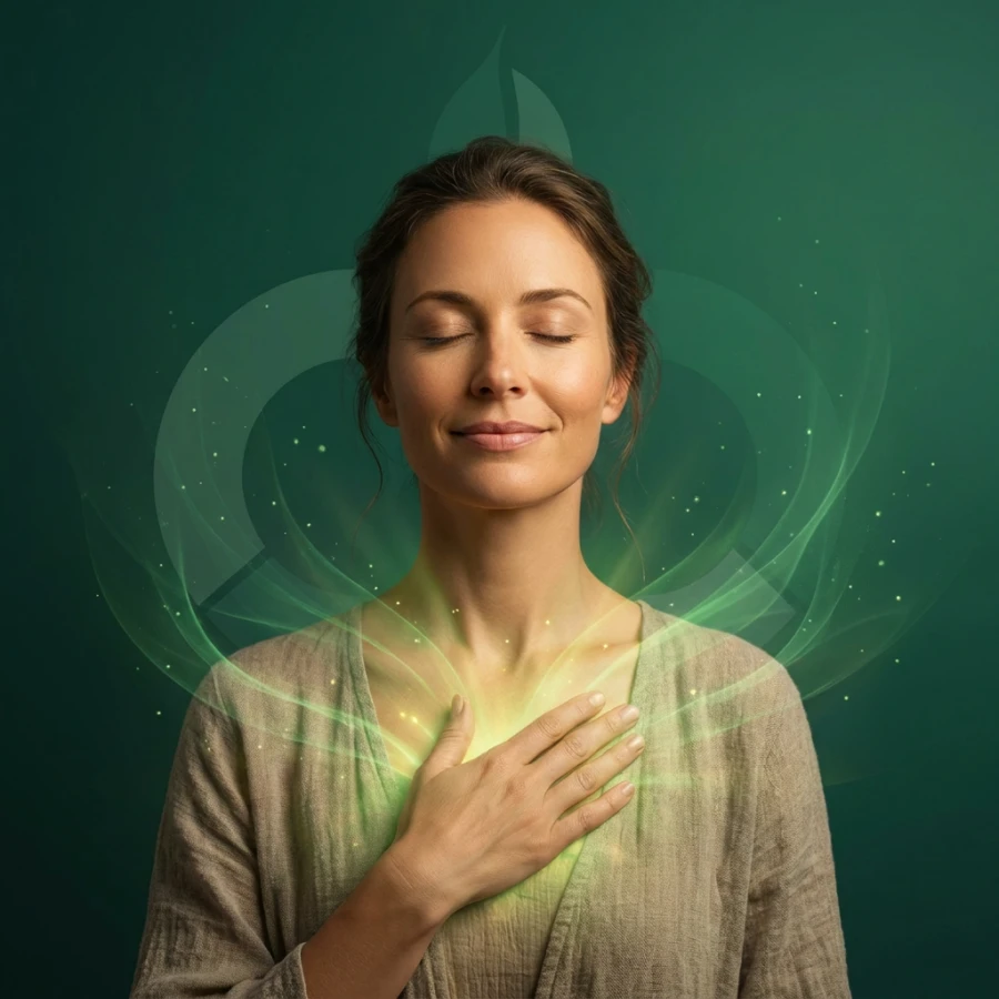 Woman with eyes closed and a hand on her chest
