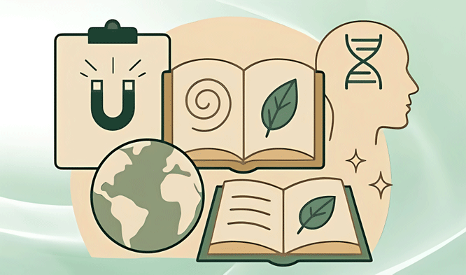 Illustration of nature, books and science