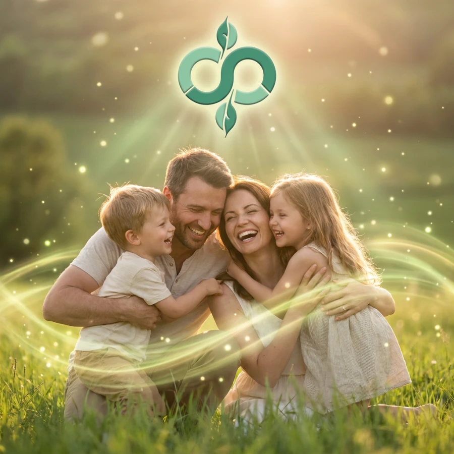 Happy family hugging in a sunny field